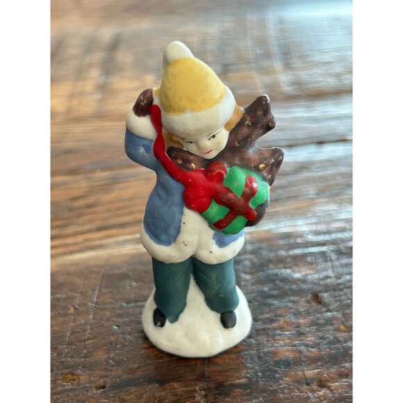 Vintage Ceramic Snowman & Boy Figurines Holding Gifts Christmas Village Figurine - Picture 8 of 12